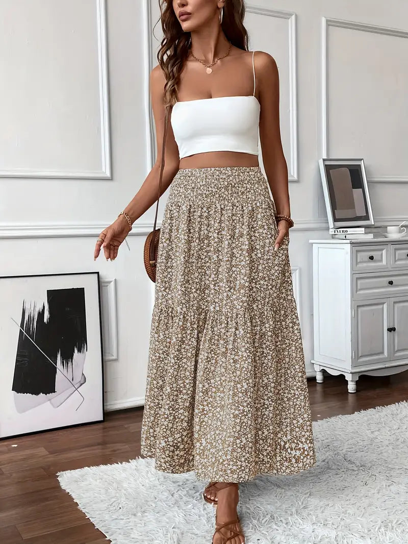Falda larga con estampado floral y cintura fruncida para mujer
