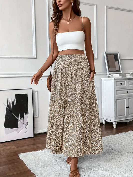 Falda larga con estampado floral y cintura fruncida para mujer