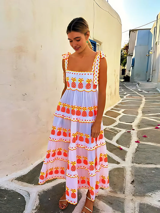Vestido largo de verano con piñas bordadas para mujer