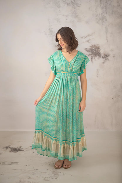 Vestido largo bohemio con mangas cortas y estampado floral para mujer